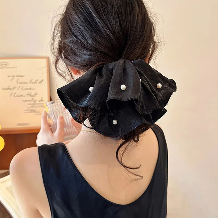 LiQing Four-Layer Lace Pearl Hair Tie [Black Large] Sweet Big Scrunchie Hollow Out Hair Accessory 1