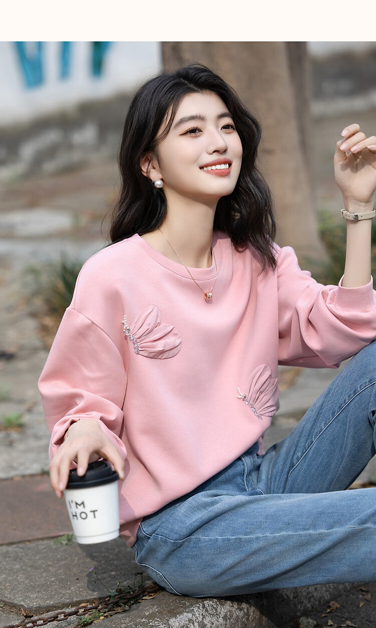 DME 350G Air Layer Spring 3D Butterfly Patch Beaded Loose Fit Flesh-Hiding Women's Sweatshirt 17