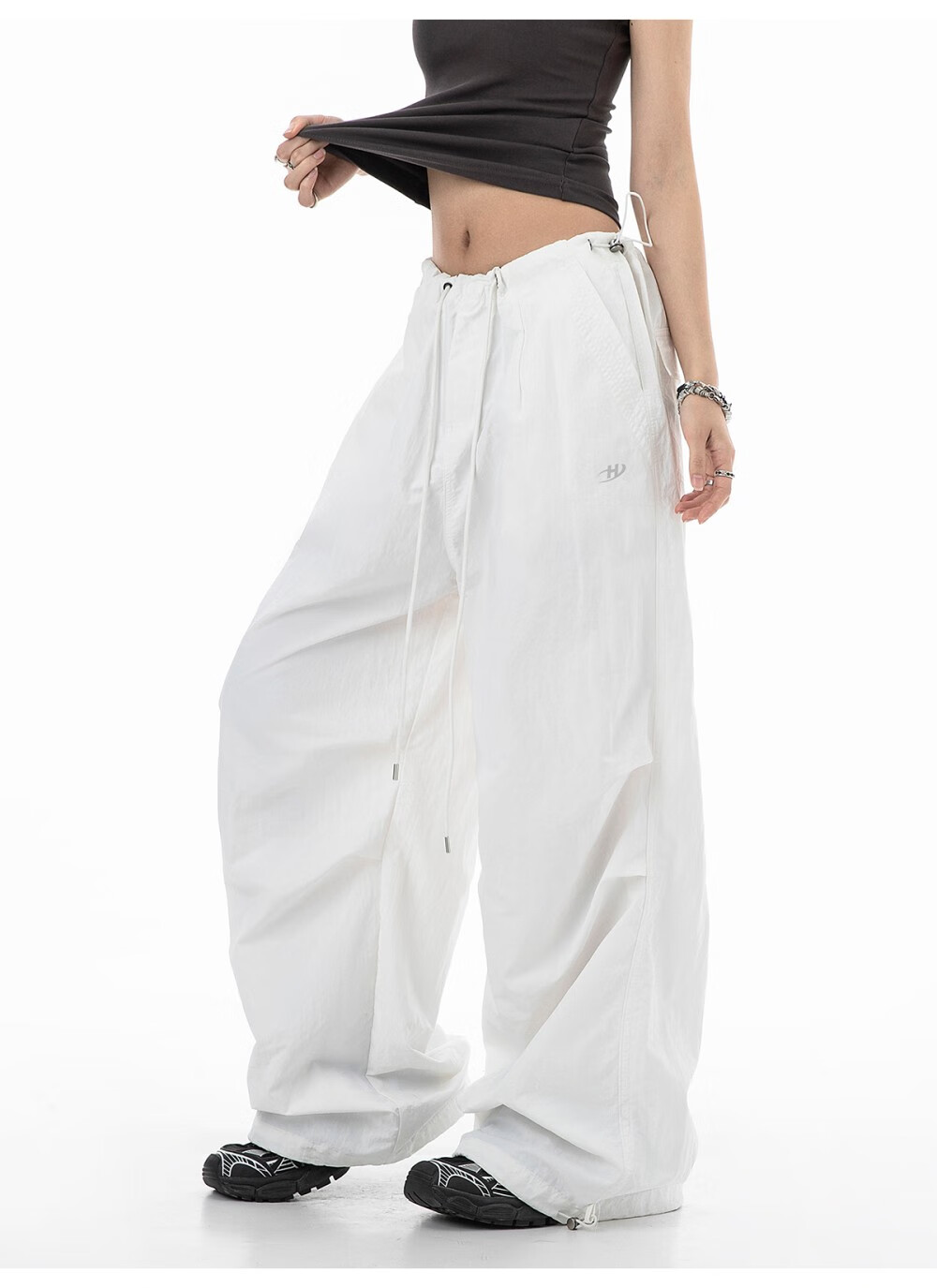 ICH MODE Women's American Style Paratrooper Cargo Pants Drawstring Sports Pants Straight Loose Wide-Leg Casual Pants Green M 17