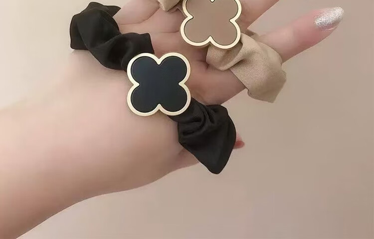 LiQing Luxury Four-Leaf Clover Hair Tie [Black] Premium Large Elastic Hair Band Elegant Hair Accessory 7