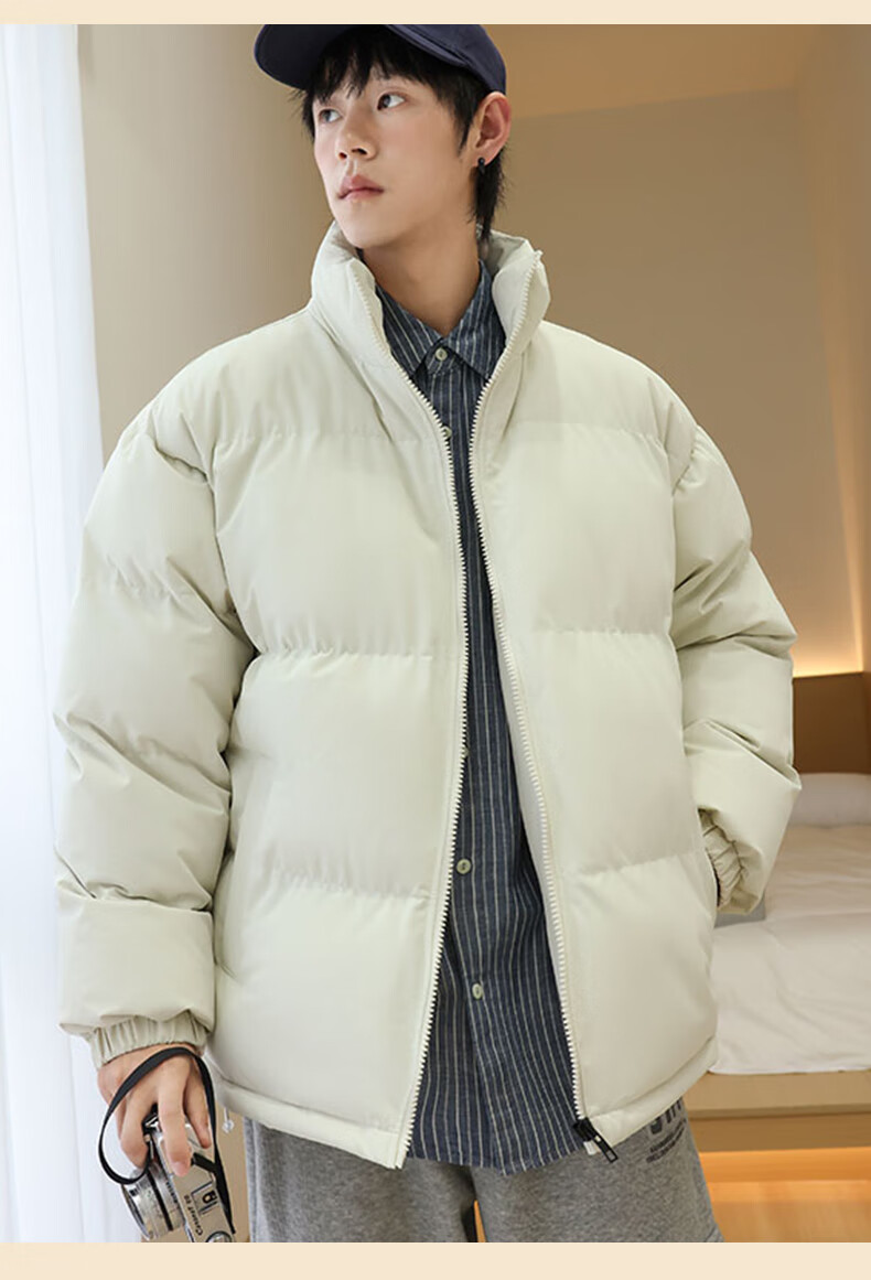Jeanswest Men's 2025 New Thickened Stand Collar Puffer Jacket Winter Fleece Lined Warm Cotton Coat 11