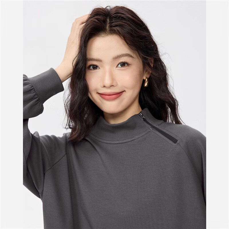 Giordano Women's Autumn Winter New Double-Sided Pullover Sweatshirt Stand Collar Raglan Sleeve Asymmetric Zipper Top 13325756