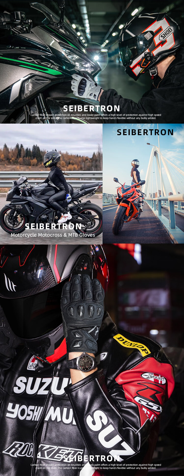 Seibertron Motorcycle Riding Gloves Summer All-Season Carbon Fiber Breathable Vintage Genuine Leather Unisex SPS-7 15