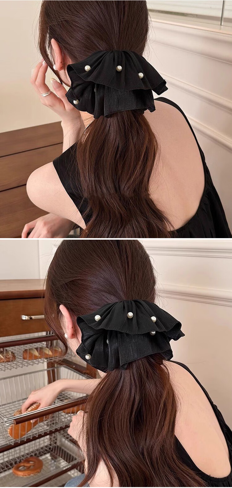 LiQing Four-Layer Lace Pearl Hair Tie [Black Large] Sweet Big Scrunchie Hollow Out Hair Accessory 4