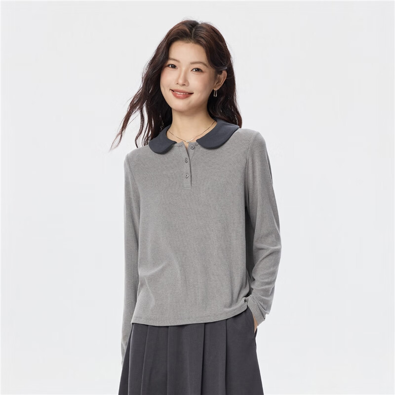 UNIQLO Women's Polo Ribbed Fine Pique Striped Contrast Doll Collar Knit Long Sleeve POLO05315789