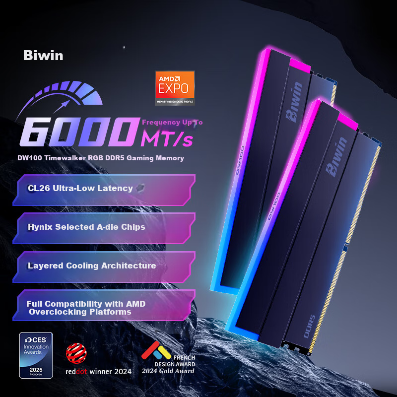 BIWIN 32GB (16GB×2) Kit, DDR5 6000MHz Desktop Memory Module, Shikong Xingzhe DW100 RGB Light Bar (C26), Black AI PC Computer Storage Accessory