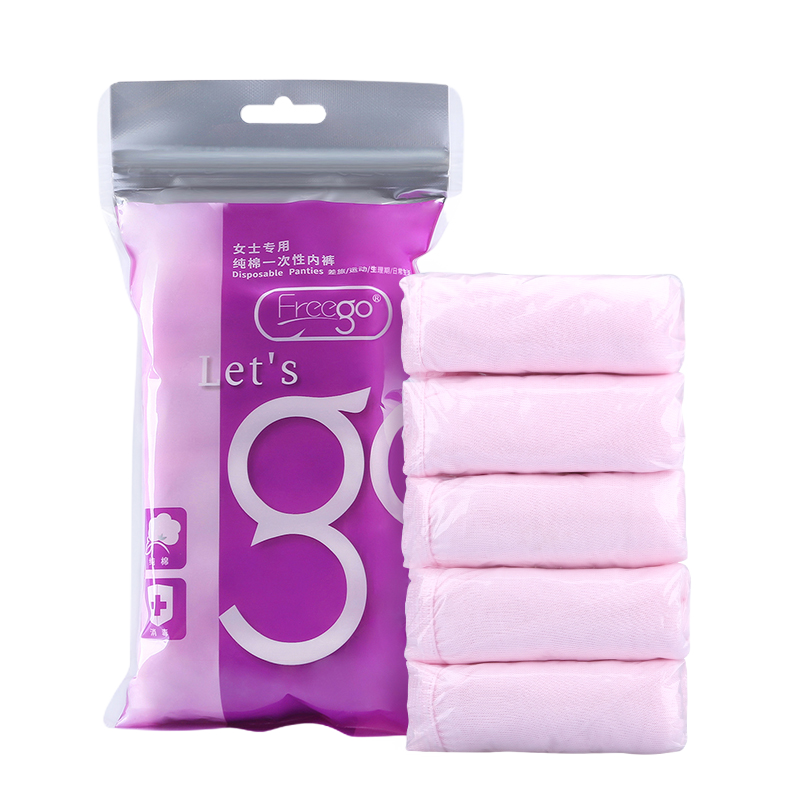 Freego Pure Cotton Disposable Underwear for Women, No-Wash, Individually Wrapped, for Pregnant Women, Postpartum, Menstruation, Travel, Pink, Size M, 5-Pack