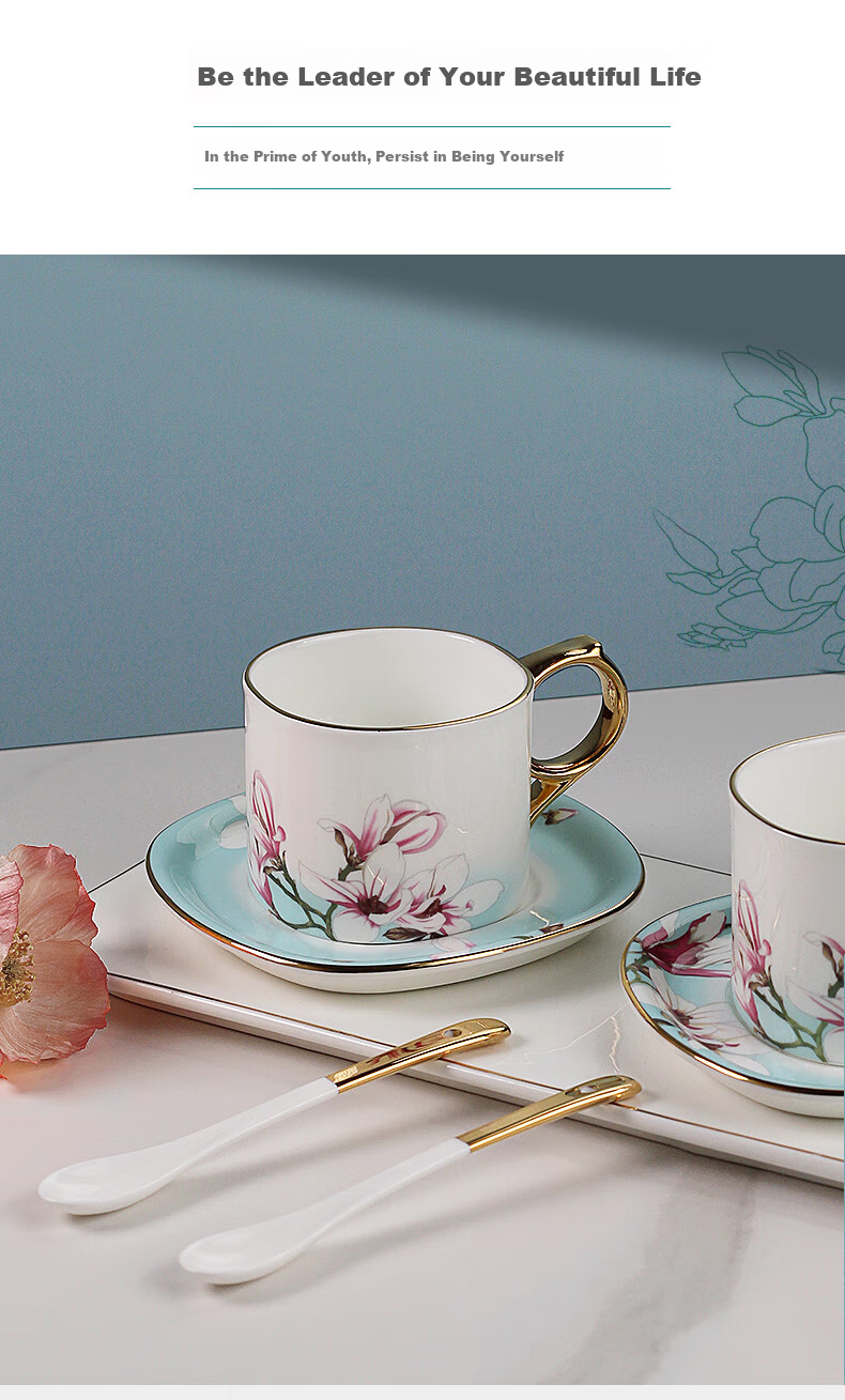 HG Guoci Bone China Coffee Cup And Saucer Set, European High-End Afternoon Tea Cup with Spoon, Premium Wedding Gift Fanghua 4