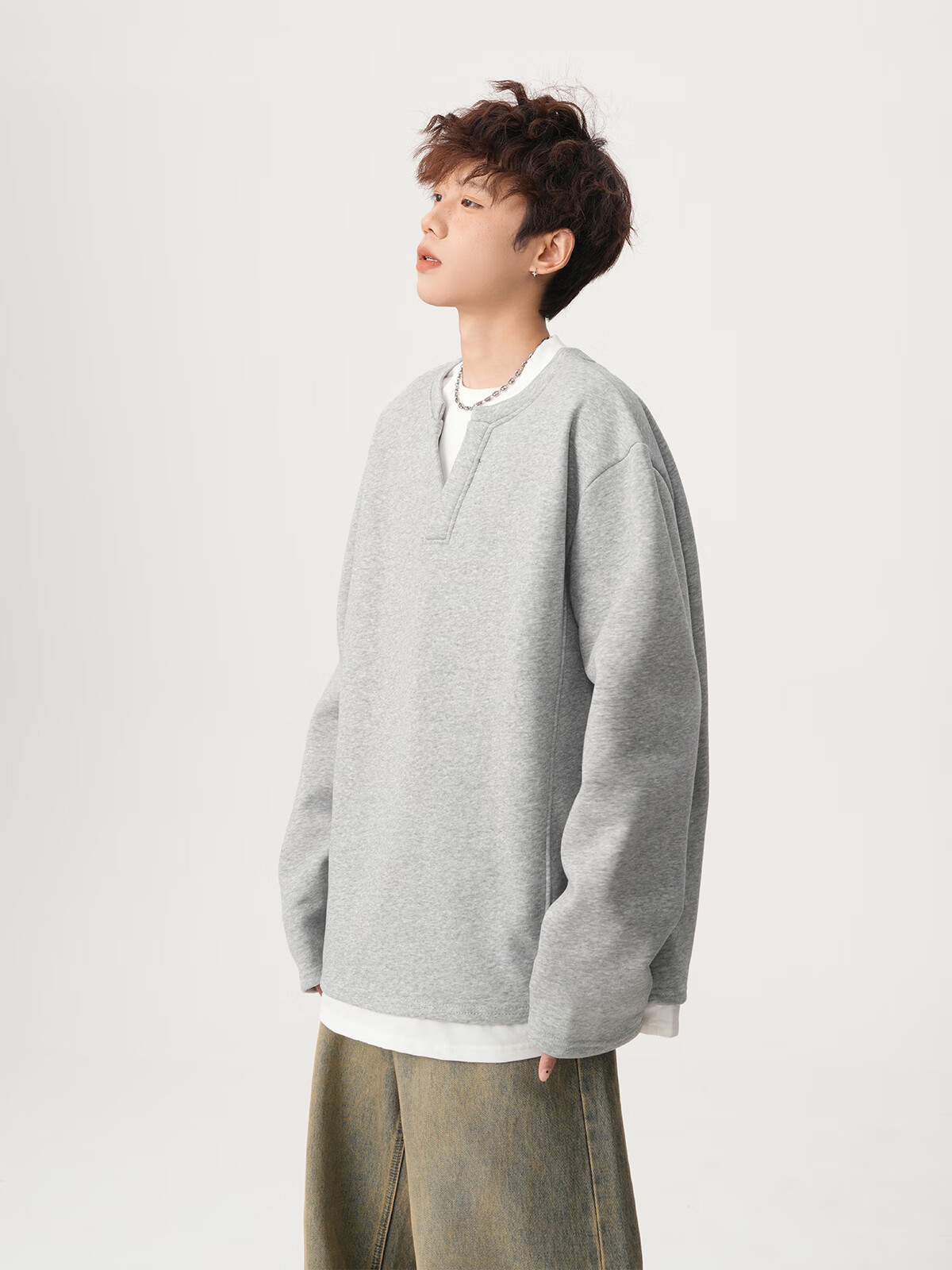 Foss Phil Men's Fake Two-Piece Long Sleeve Sweatshirt Autumn Winter Loose Fit Basic T-Shirt HT25764 Black 3XL 5