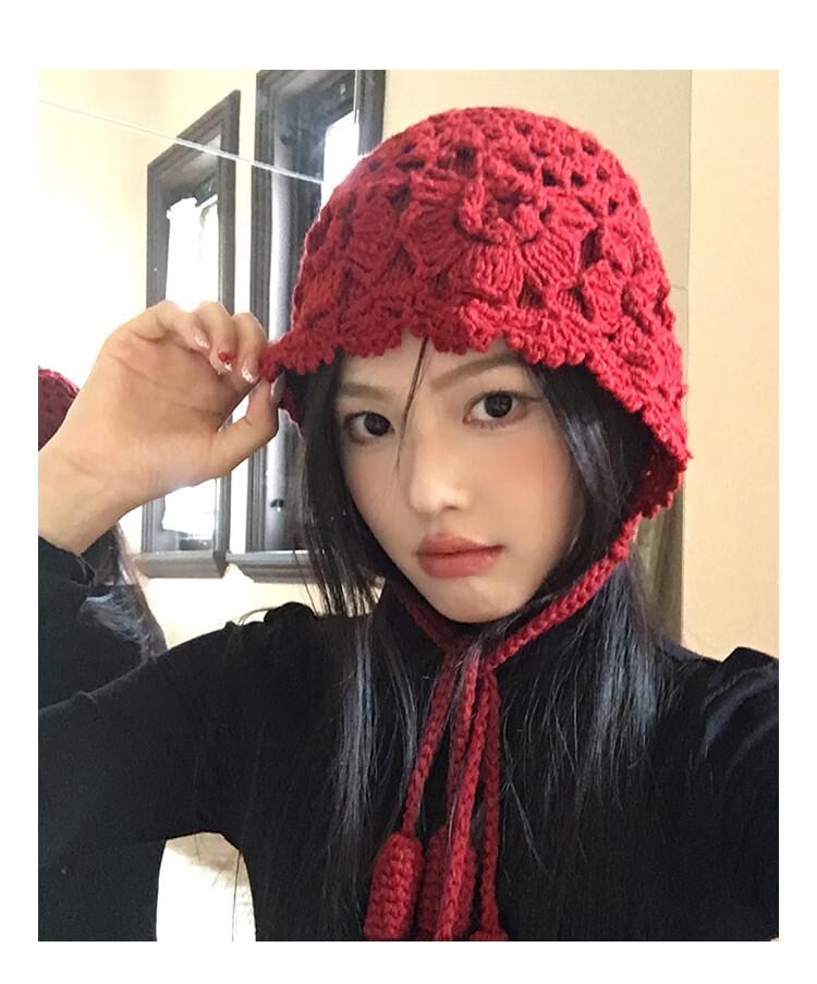 Ning'an Flower Tassel Red Wool Knit Beanie Women Autumn Winter Ear Protection Slim Face Chuanxi Travel Pullover Hat 9