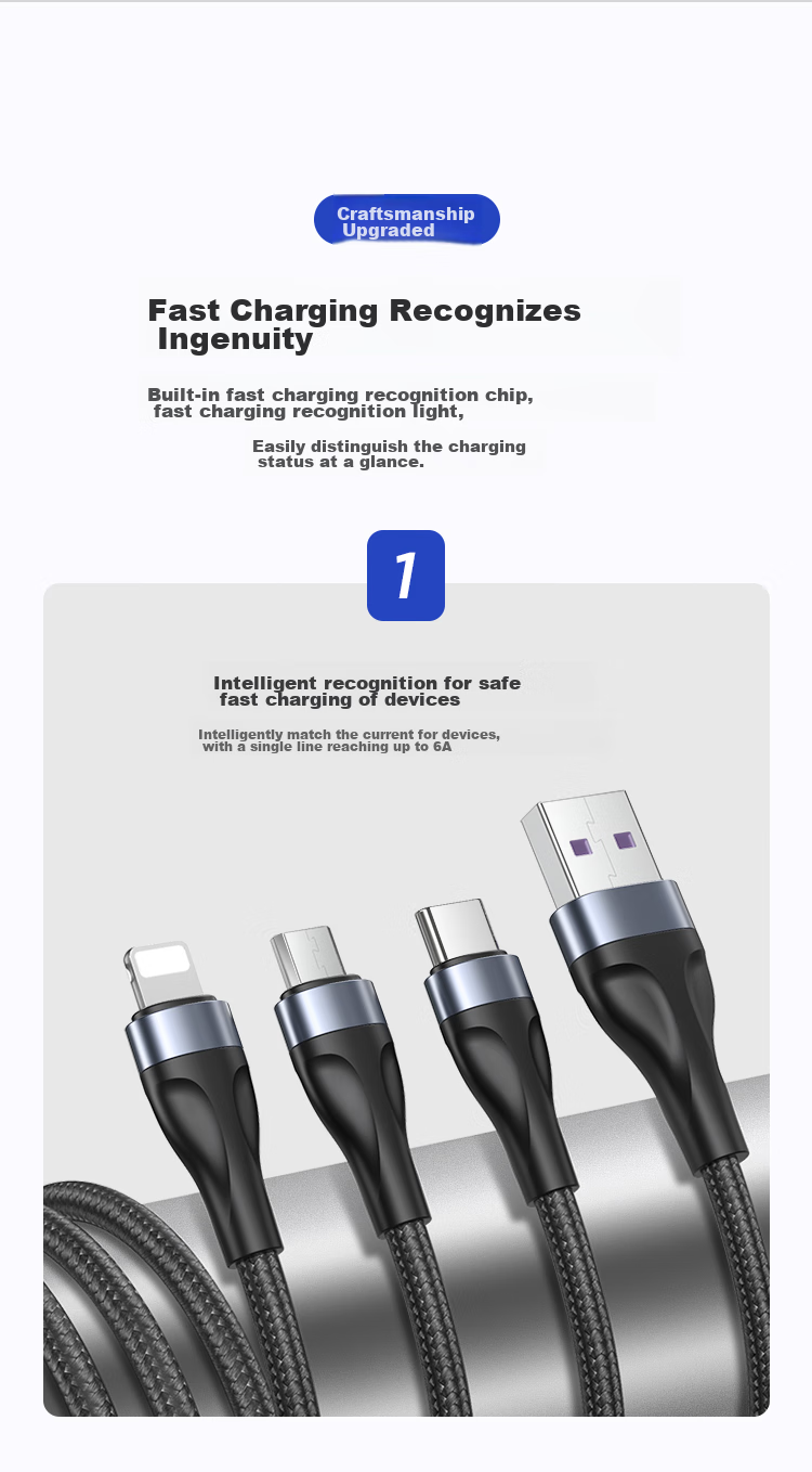BIAZE Three-In Data Cable, Type-C Fast Charging Cable 100W, Three-In Charging Cable for Car Use, Compatible with Apple IPhone 18/17/16/15/14/13, Huawei, Xiaomi, Android Phones 9