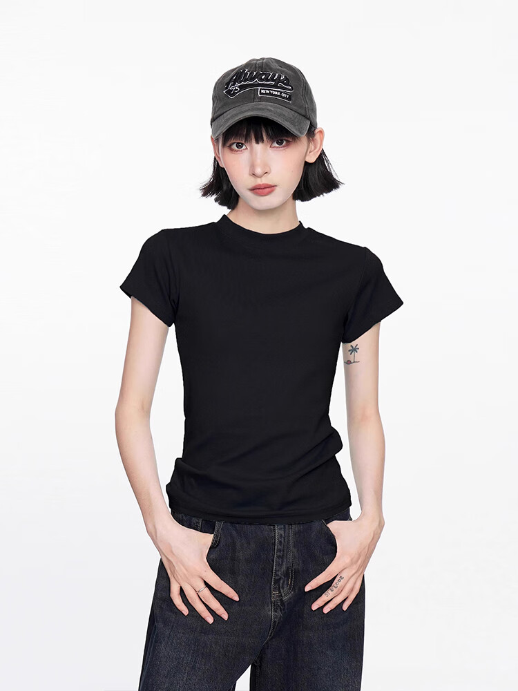 TUCANO Women's Short Sleeve T-Shirt 2025 New Summer Round Neck Solid Cotton Slim Fit Top Black S 2