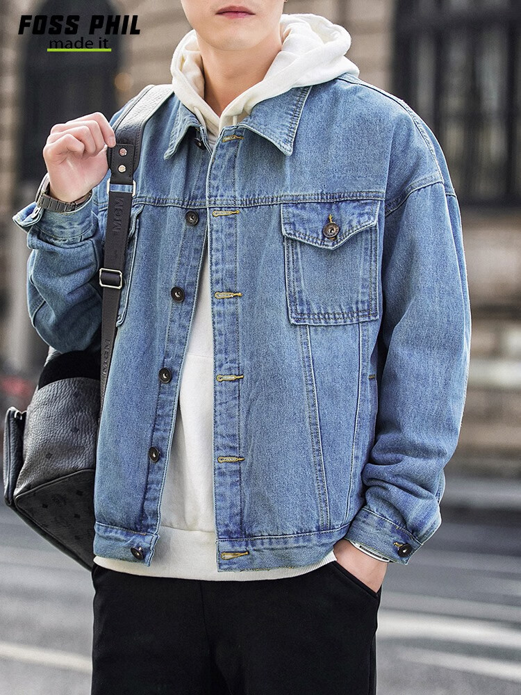 Foss Phil Men's Denim Jacket, Spring And Autumn Casual Retro Trendy Loose Fit Hong Kong Style Workwear Jacket Top FPJK4 Black XL 13