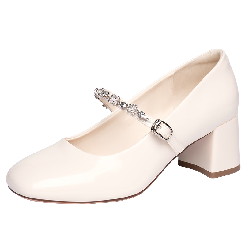 Josiny French Mary Jane Shoes Women's 2026 Summer New Rhinestone Chunky Heel Height Increasing Pumps with Skirt Off-White Size 37