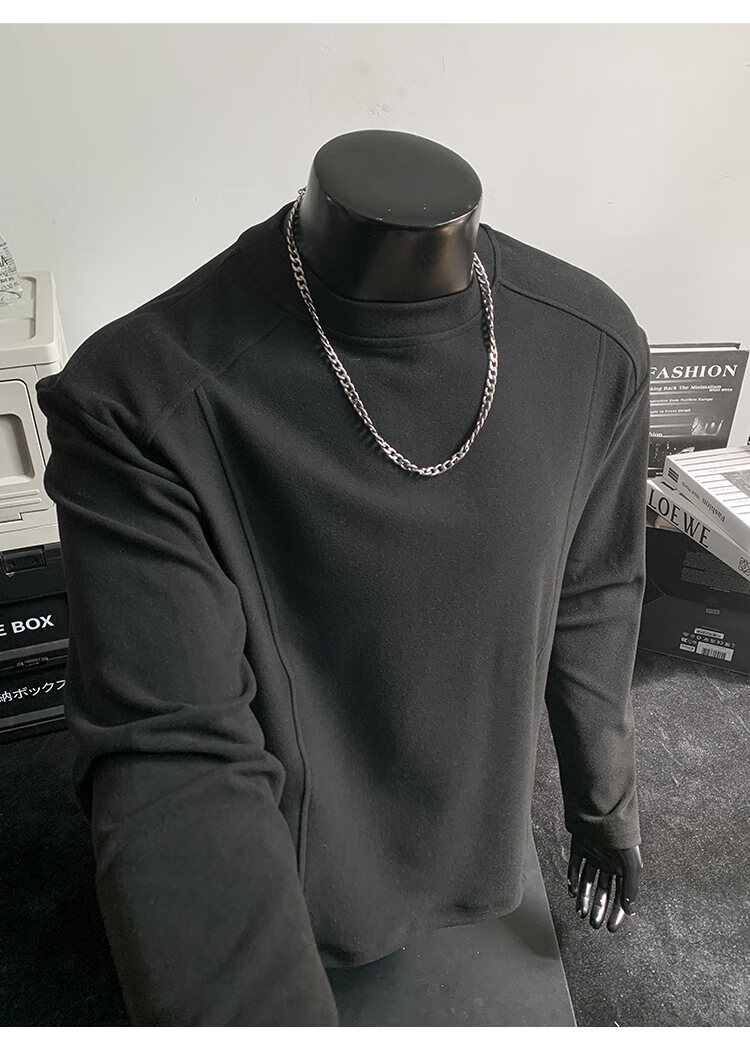 CLOR Patchwork Double-Sided Velvet Long Sleeve T-Shirt Men Spring Autumn Warm Pullover Crew Neck Base Layer CXT06 Black L 15