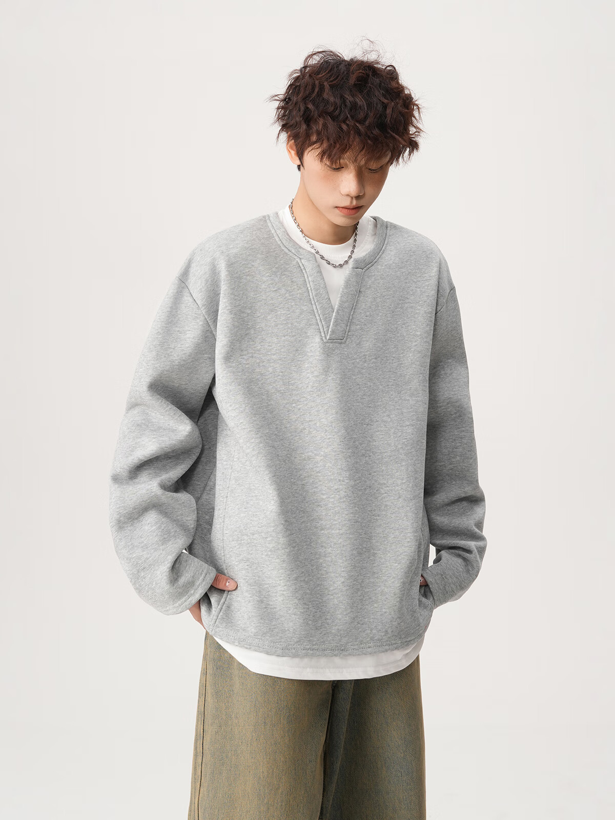 Foss Phil Men's Fake Two-Piece Long Sleeve Sweatshirt Autumn Winter Loose Fit Basic T-Shirt HT25764 Black 3XL 9