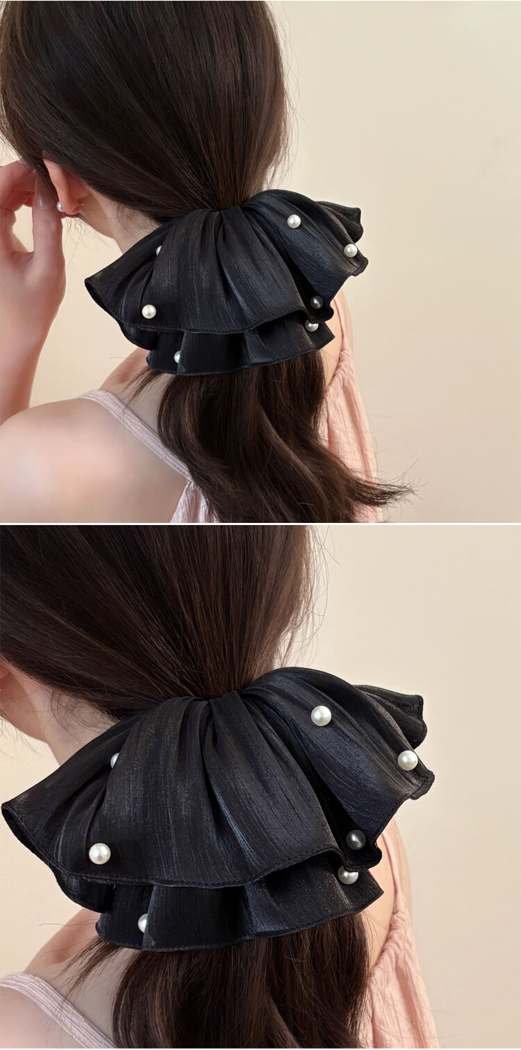 LiQing Four-Layer Lace Pearl Hair Tie [Black Large] Sweet Big Scrunchie Hollow Out Hair Accessory 3
