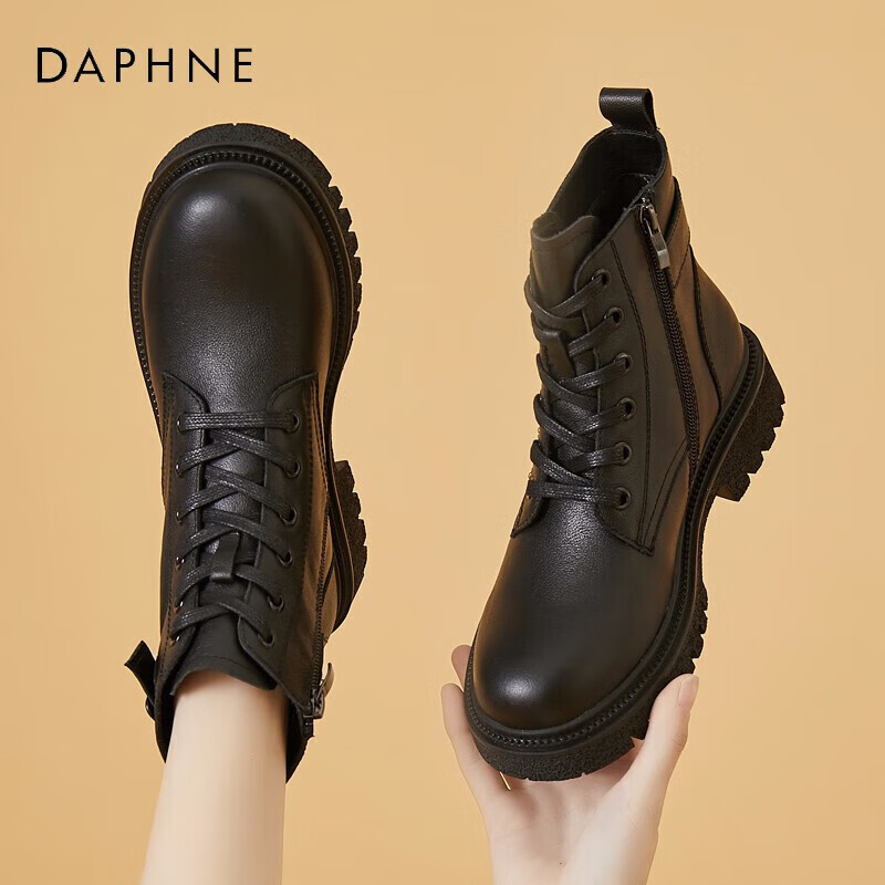 DAPHNE Women's Martin Boots Leather Knight Short Boots Slim Fleece-lined Casual Leather Boots Black (Fleece Lined) Size 36