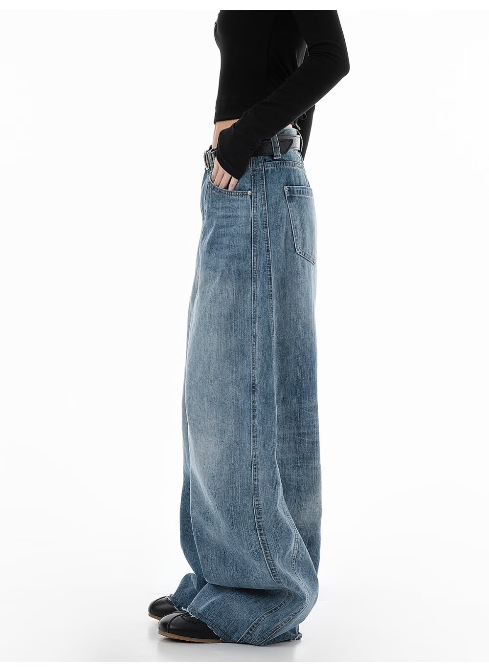 ICH MODE Women's American Vintage Washed Denim Jeans Spring Autumn Loose Straight Leg Curved Cut Casual Wide Leg Pants Blue XL 8