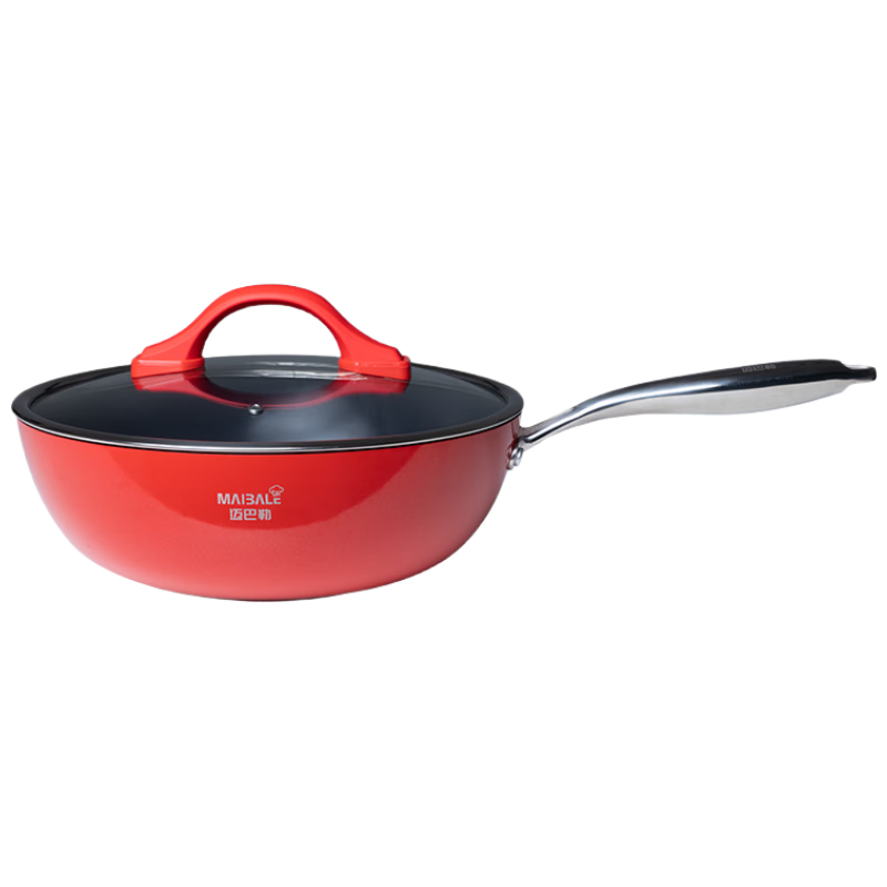 Maybale Titanium Color Non-Stick Ceramic Frying Pan Household Gas Stove Flat Bottom Cherry Red 30cm