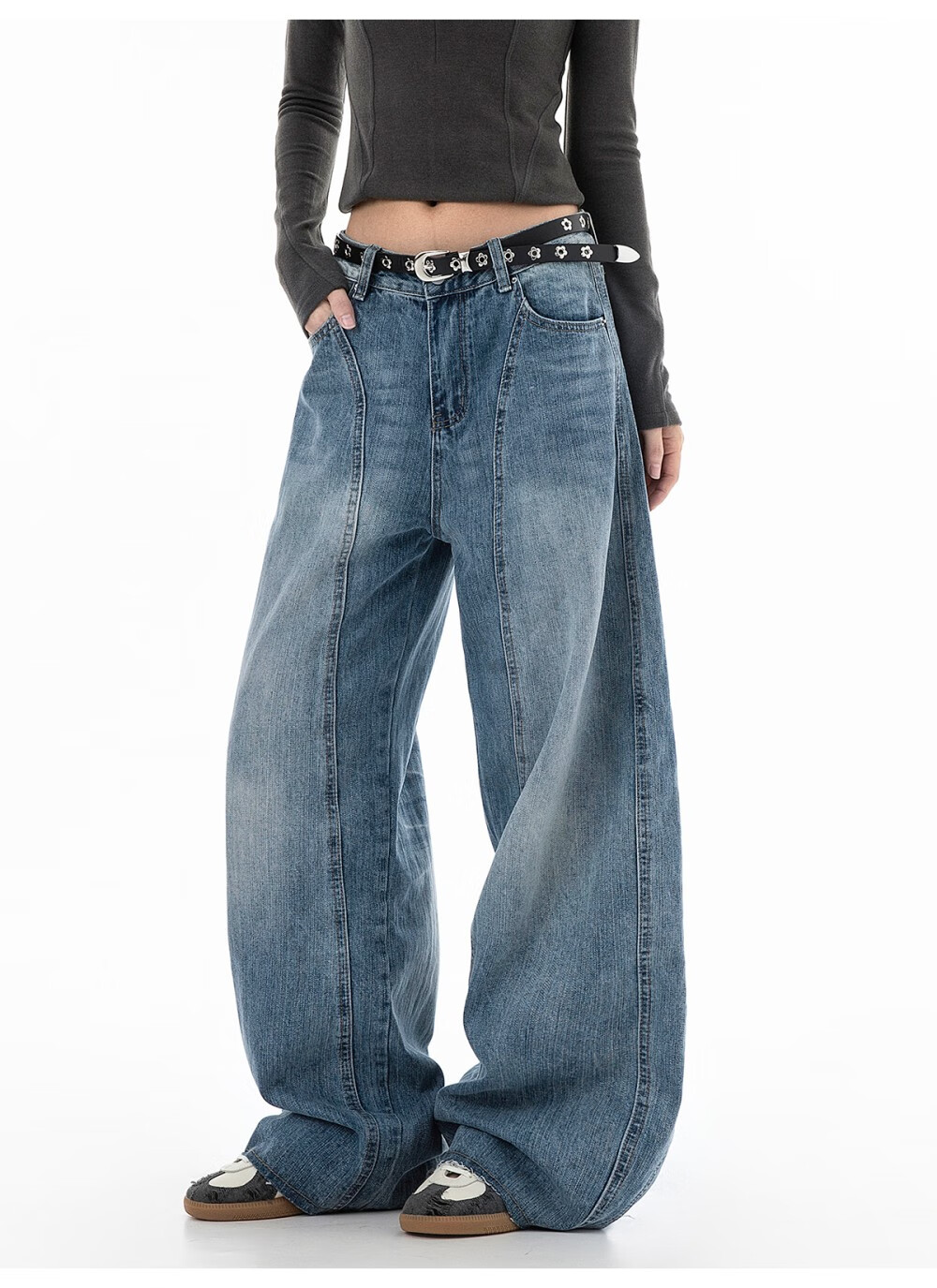 ICH MODE Women's American Vintage Washed Denim Jeans Spring Autumn Loose Straight Leg Curved Cut Casual Wide Leg Pants Blue XL 10