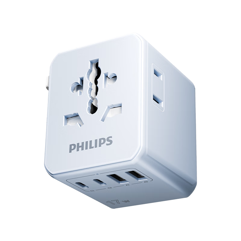 PHILIPS 17W International Travel Adapter Converter Socket with USB Dual Outlet 2A 2C Blue for UK EU US AU DE JP SG HK