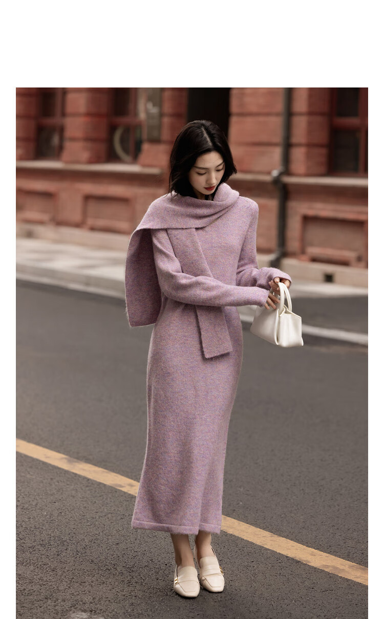 Demana Removable Scarf Winter Elegant Light V-Neck Wool Blend Straight Knit Mid-Length Dress for Women 11