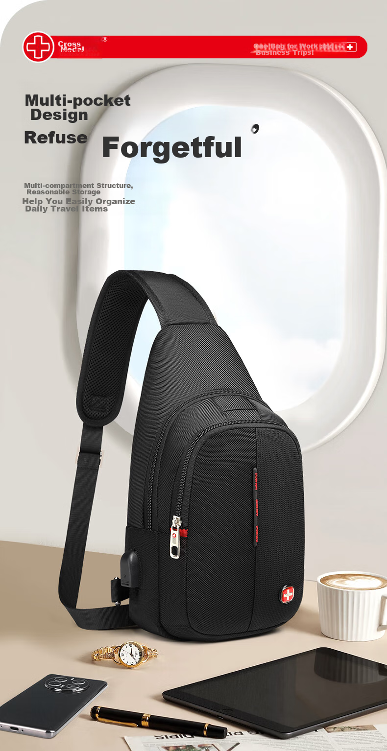 CROSSGEAR Swiss Cross Medal Casual Sports Shoulder Bag, Men's Crossbody Flat Backpack, Multifunctional Cycling Storage Bag 6