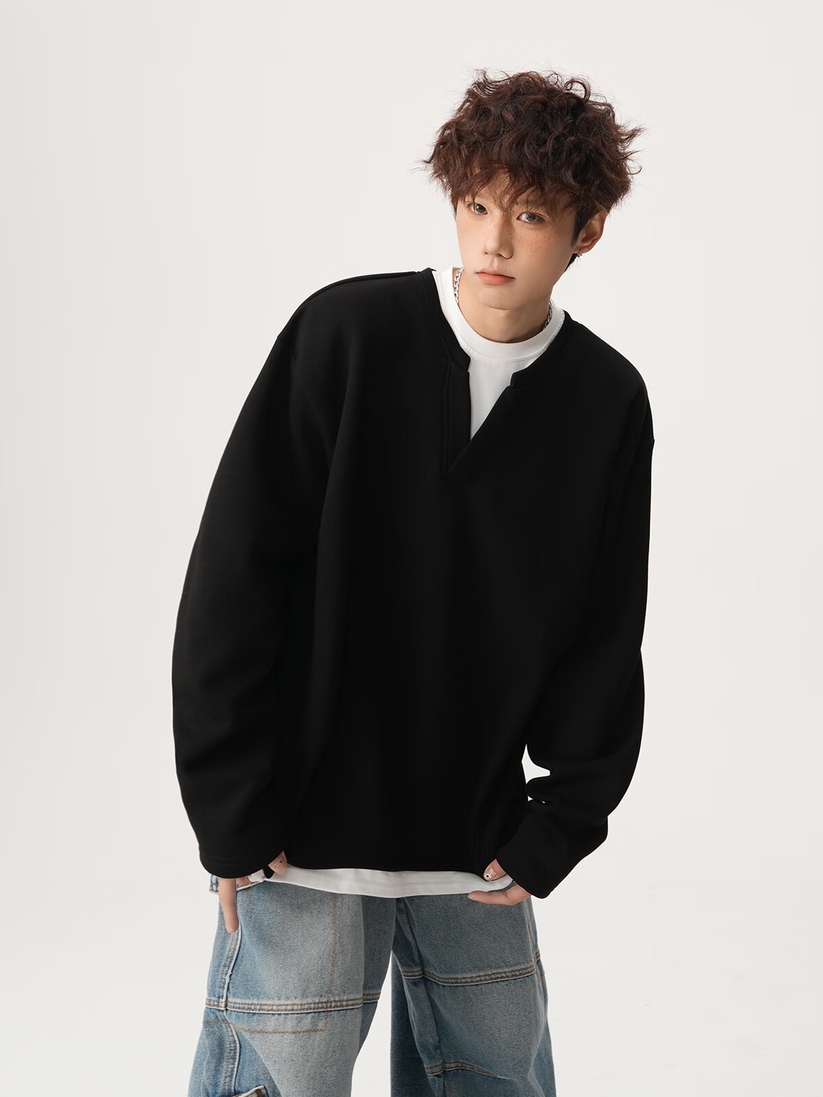 Foss Phil Men's Fake Two-Piece Long Sleeve Sweatshirt Autumn Winter Loose Fit Basic T-Shirt HT25764 Black 3XL 18