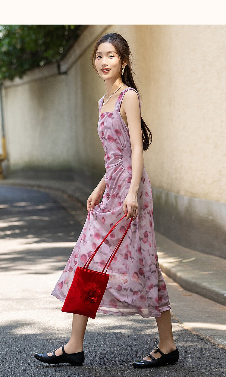 Dme [Xiao Xing Gan Da Ji Skirt] Summer Sleeveless Pleated Mesh Printed Tank Top Skirt, Waist-Cinching A-Line Dress 12