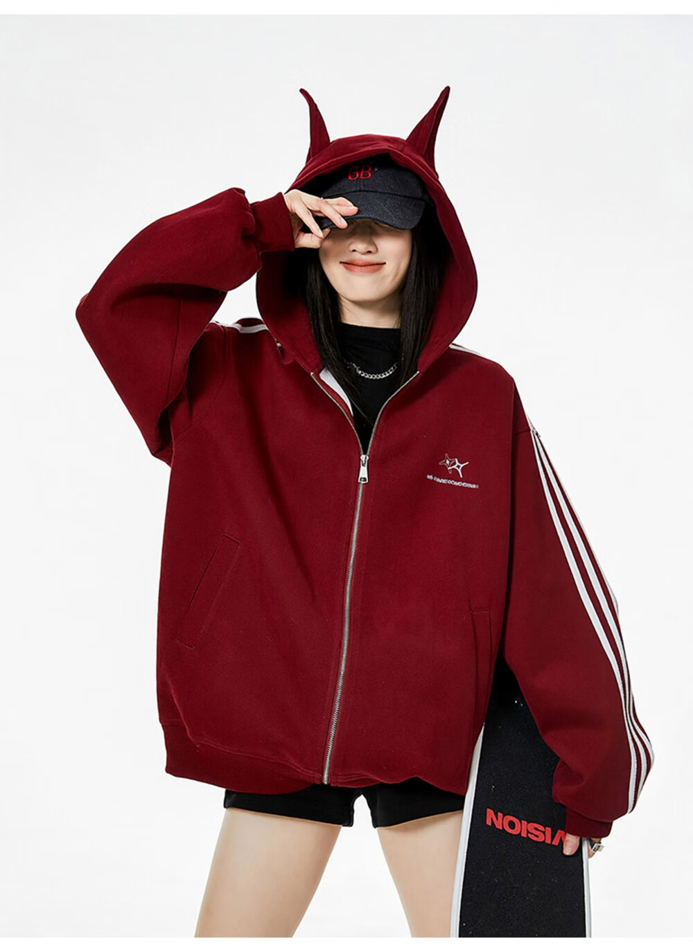 ICH MODE American Vintage Ear Hoodie Cardigan Jacket Women Spring Autumn New Loose Casual Sweatshirt Top Wine Red M 21