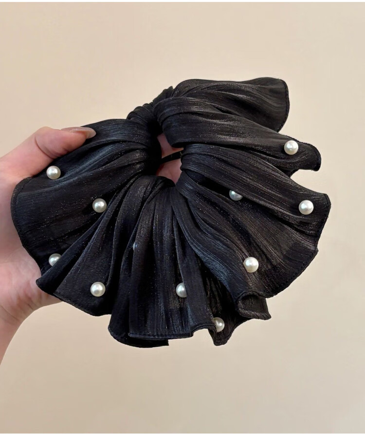 LiQing Four-Layer Lace Pearl Hair Tie [Black Large] Sweet Big Scrunchie Hollow Out Hair Accessory 7