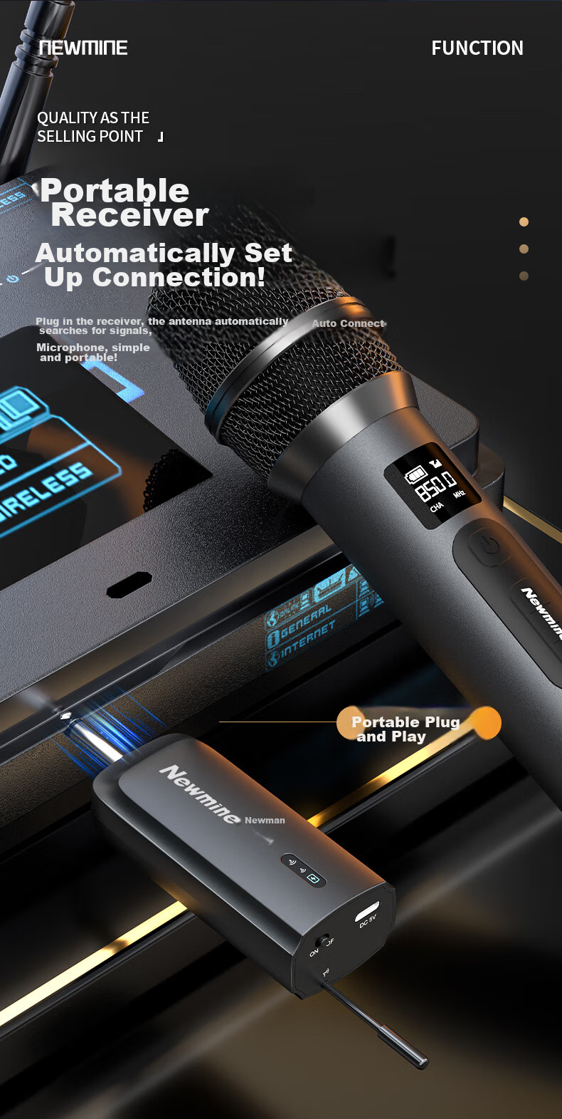 Newmine MC107 Wireless Microphone, Home KTV Singing, Hosting, Lecturing, Karaoke, Conference Speaker, Amplifier, FM Tunable, Universal Microphone, Single Mic 10