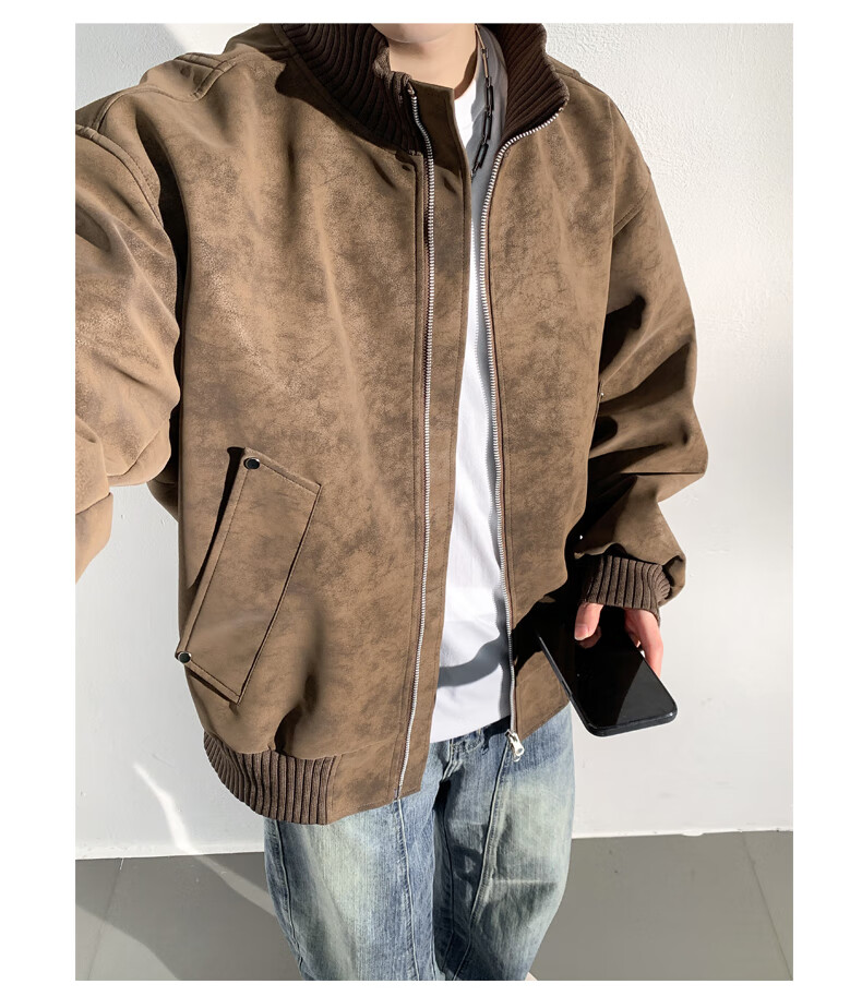 Foss Phil Men's Flight Jacket Spring Autumn Mallard Retro Stand Collar Casual Leather Jacket JK852 Coffee Color 2XL 9