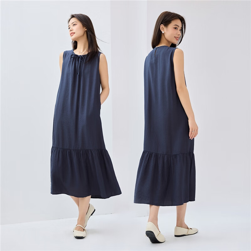 Giordano Women's New Holiday Style Tie-Waist Round Neck Ruffle Hem Vest Dress 05465083