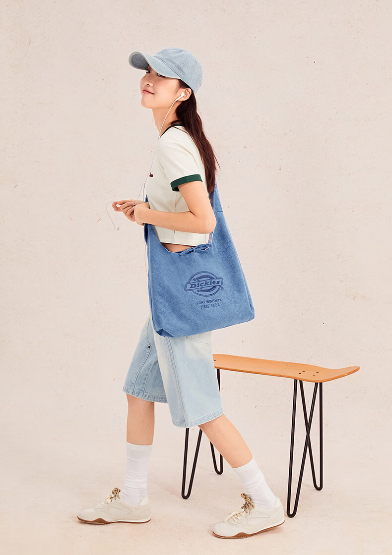 Dickies Reversible Single Shoulder Crossbody Tote Denim Picnic Bag Large Capacity Commuter Striped/Dark Blue 14