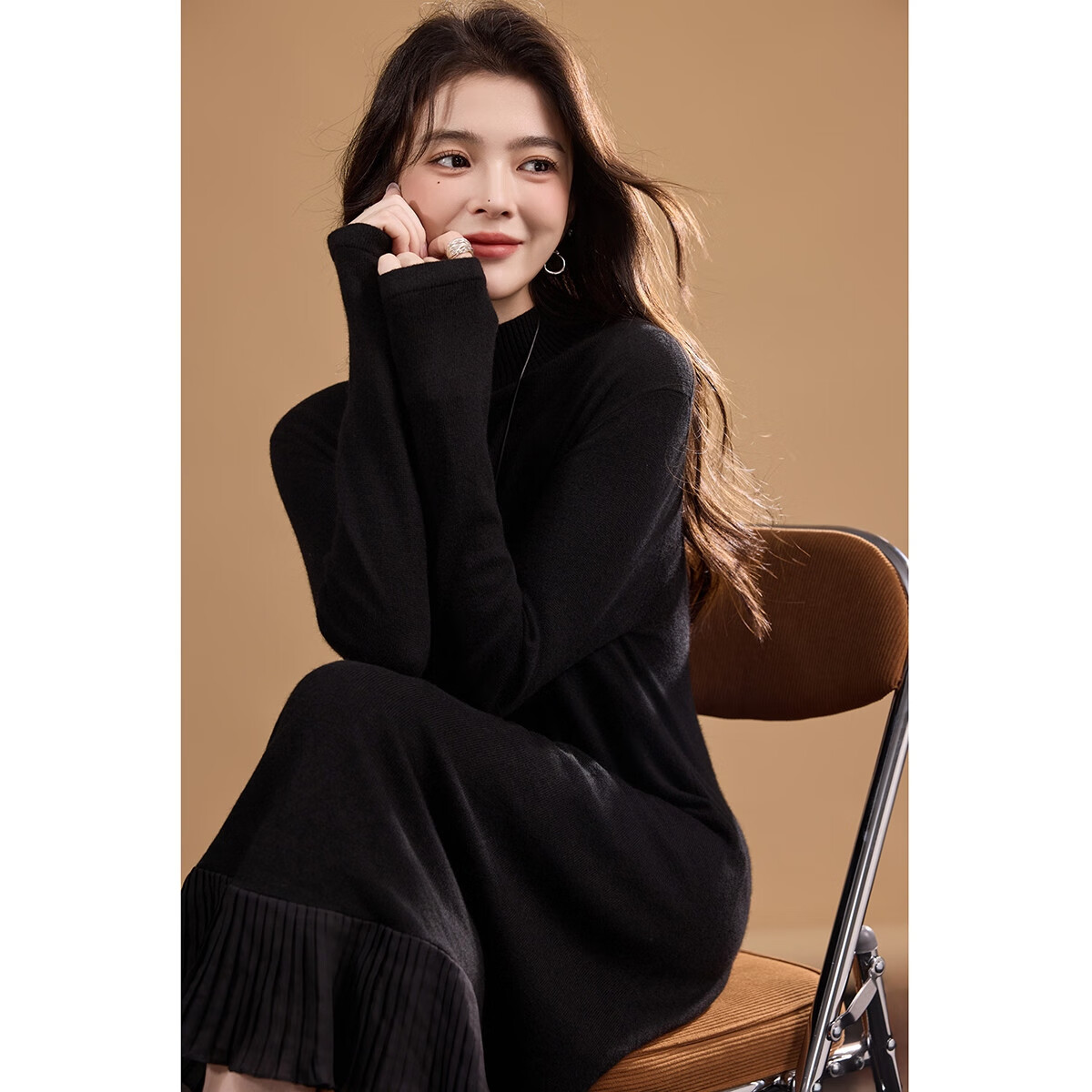 Demana Wool and Cashmere Blend Winter Elegant Half Turtleneck Chiffon Pleated Patchwork Irregular Women's Dress