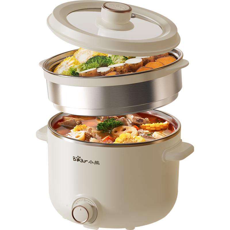 Bear Electric Cooking Pot, Noodle Hot Pot Dorm Small Electric Cooker, Electric Steamer, Multifunctional Household Electric Hot Pot, 2.5L All-In Steaming And Cooking, with Stainless Steel Steamer Basket for 2-3 People, E25H1