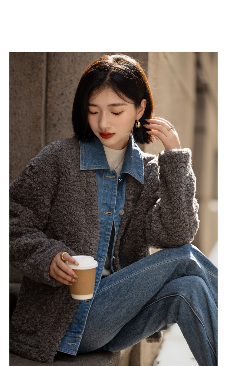 Demana [Fog Harbor Warm Home] Winter Faux Shearling Spliced Denim Lapel Mid-Length Women's Coat with Fake Two-Piece Design 8
