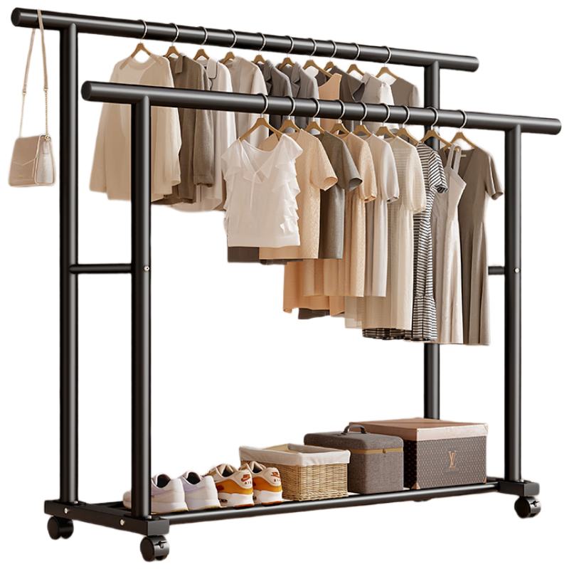 Shanshan Wooden Floor Clothes Rack Multifunctional Indoor Garment Hanger for Bedroom and Balcony with Mobile Storage Rack
