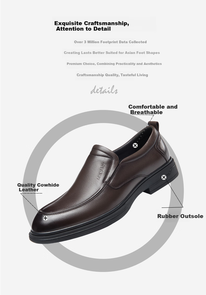 Aokang Slip-On Comfortable Solid Color Low-Top Formal Business Breathable Leather Shoes with Thick Soles, Black Size 42 2
