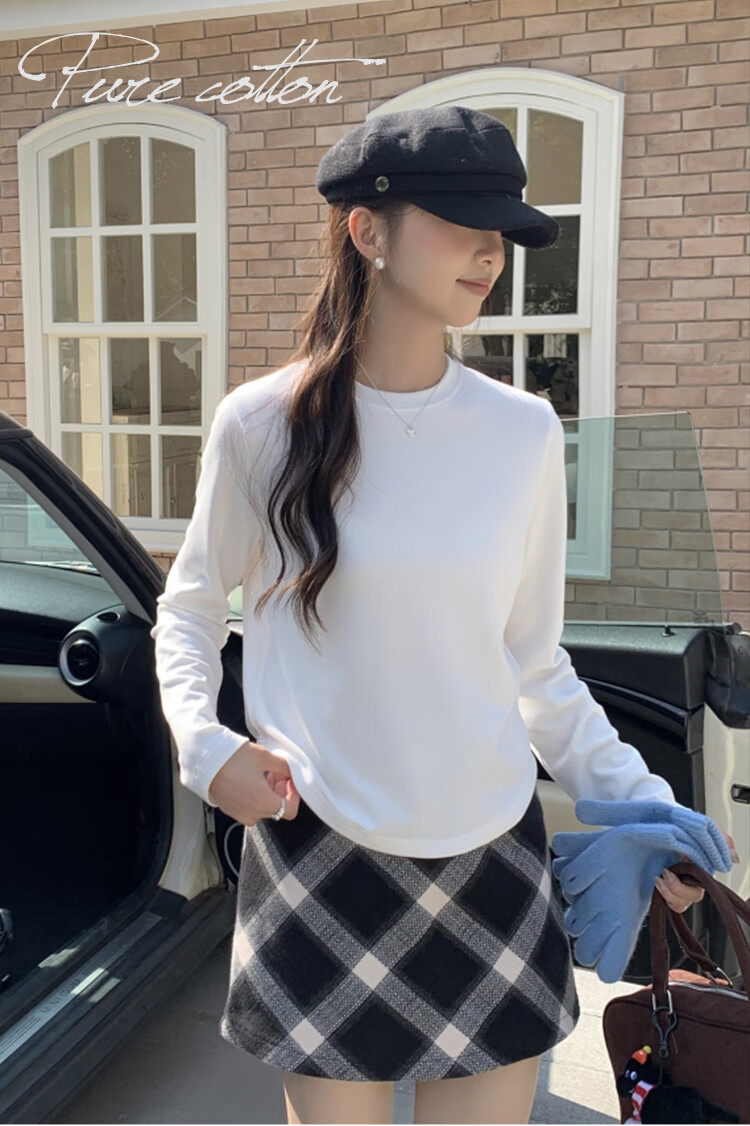Ordifen Women's Base Layer 100% Cotton Autumn Winter Comfortable Skin-Friendly Solid Color Crew Neck Long Sleeve T-Shirt White M 1
