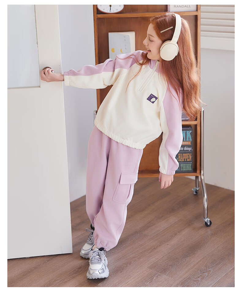 Follow Me Girls' Color Block Set Spring And Autumn Casual Sports Two-Piece Outfit Children's Jacket Knit Pants Purple/gray 140 3