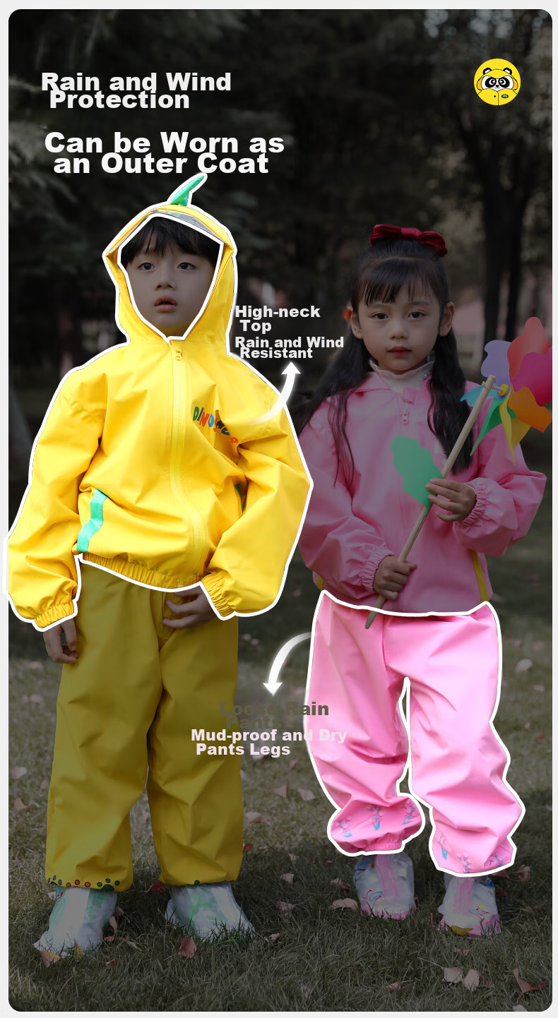 Moremerry Children's Raincoat Two-Piece Set, Boys And Girls Kindergarten Waterproof Rain Pants, Baby Rain Poncho, Yellow Dinosaur Set, Size S 7