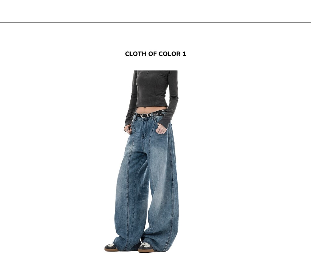 ICH MODE Women's American Vintage Washed Denim Jeans Spring Autumn Loose Straight Leg Curved Cut Casual Wide Leg Pants Blue XL 2
