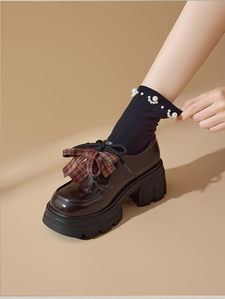 Josiny Women's Small Leather Shoes 2025 New Autumn Thick Sole Bowknot Loafers Soft Sole Dress Shoes Brown 37 10