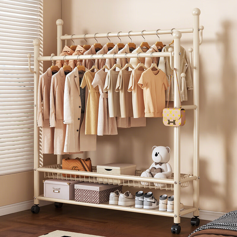 Yaoying YJ21 White Double-Layer 80cm Floor Standing Coat Rack Mobile Clothes Hanger