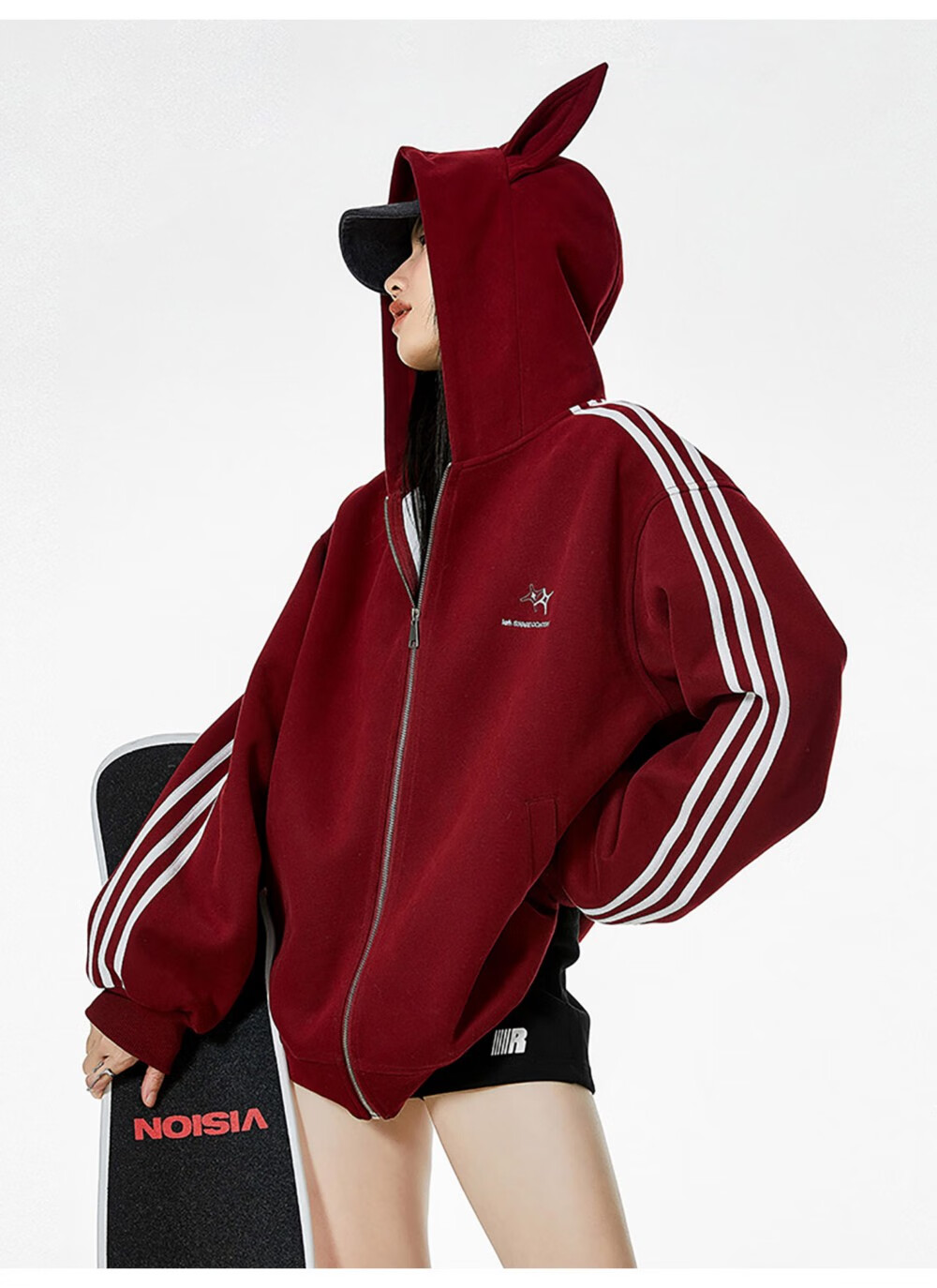 ICH MODE American Vintage Ear Hoodie Cardigan Jacket Women Spring Autumn New Loose Casual Sweatshirt Top Wine Red M 19