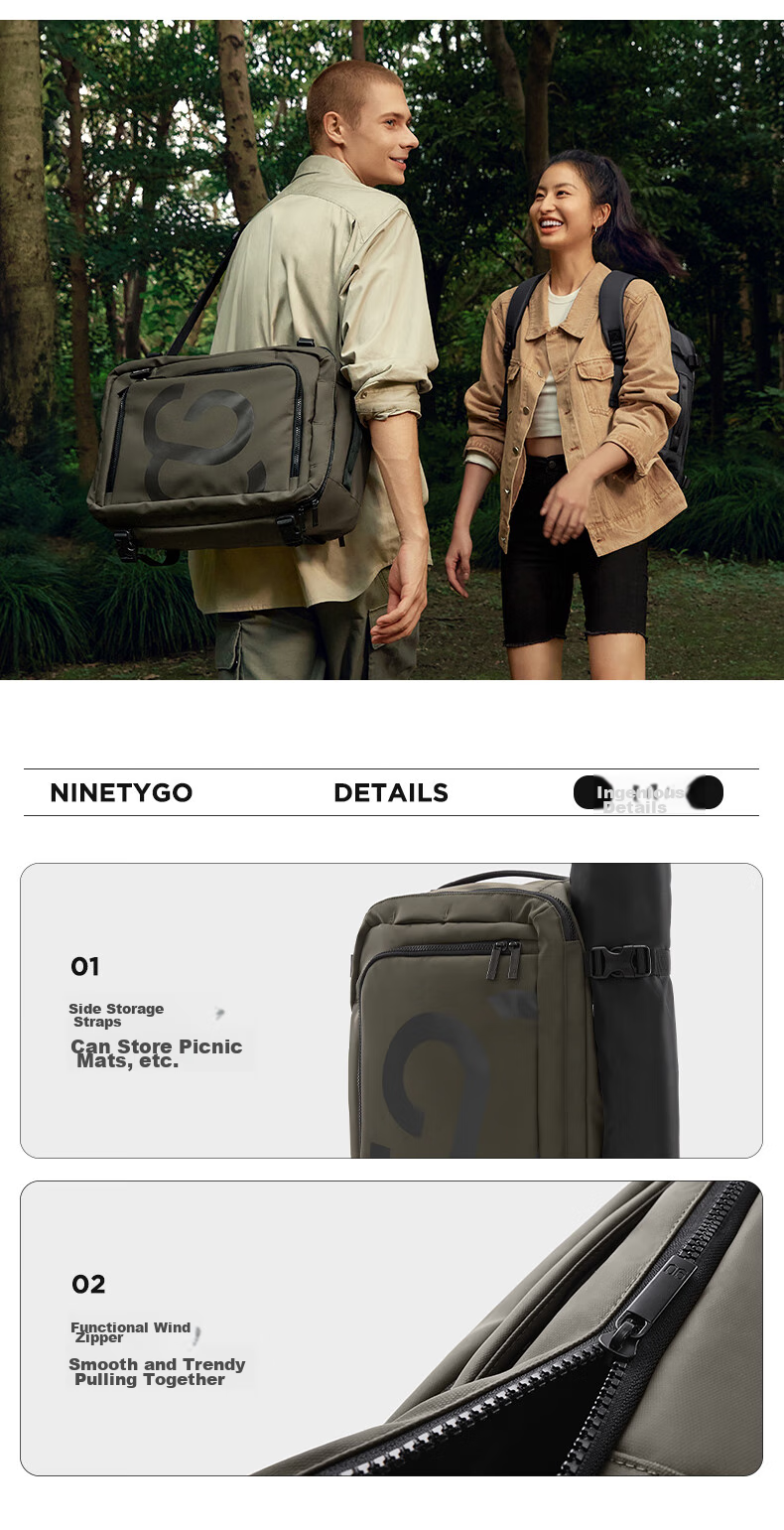 90Fen Outdoor Backpack, Large Capacity Travel Bag for Men And Women, Sports Backpack with Hand-Held And Crossbody Options, Black 9
