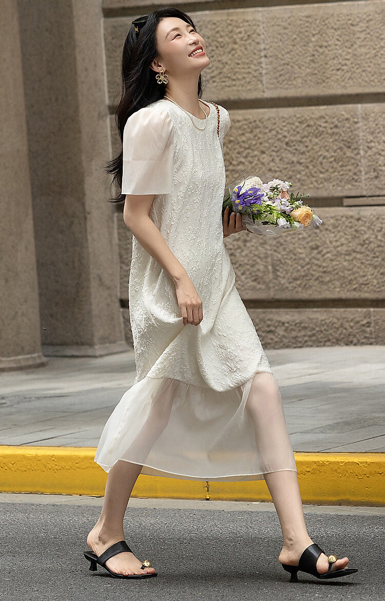 Dme [Open Lady's Daily Wear] Summer Round Neck Elegant Jacquard Patchwork Puff Sleeve Straight Bodycon Dress 15